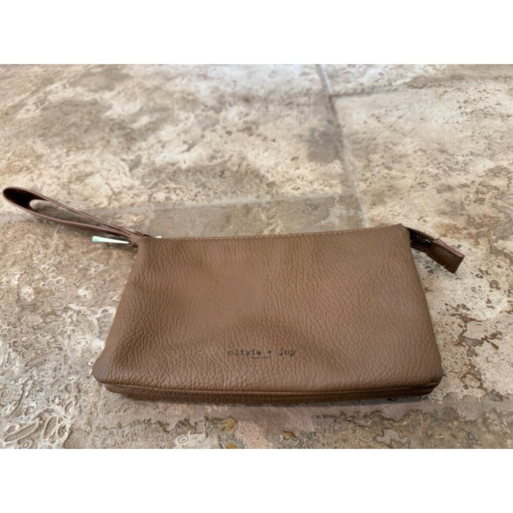 Olivia & Joy Brown Faux Leather Wristlet Clutch With Zipper & Strap Design